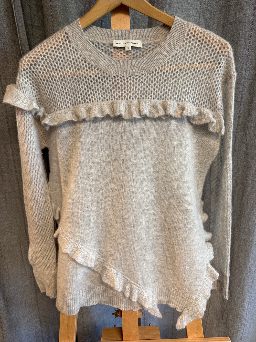 White + Warren Light Gray Ruffle-Trim Crewneck Sweater